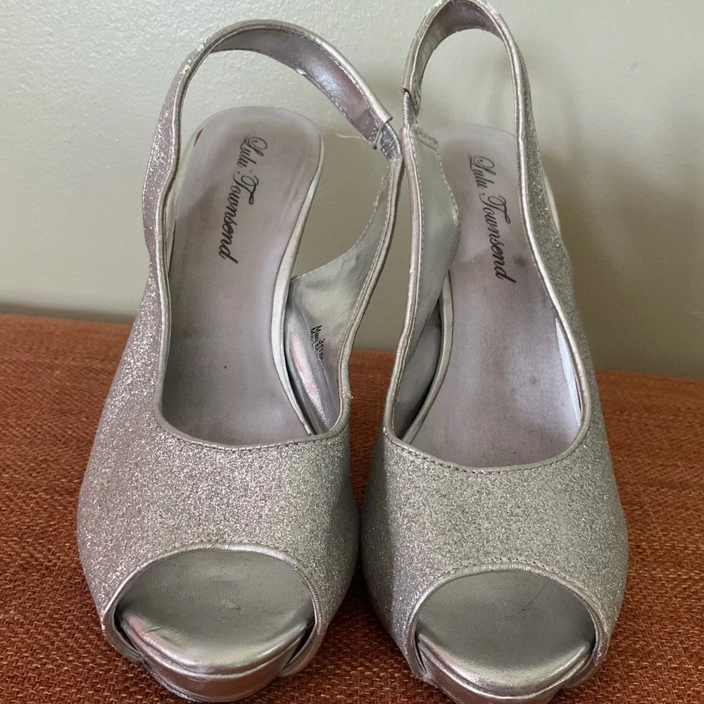 Lulu‎ Townsend Silver Glitter Peep Toe Slingback Platform Pumps Heels Stiletto 7